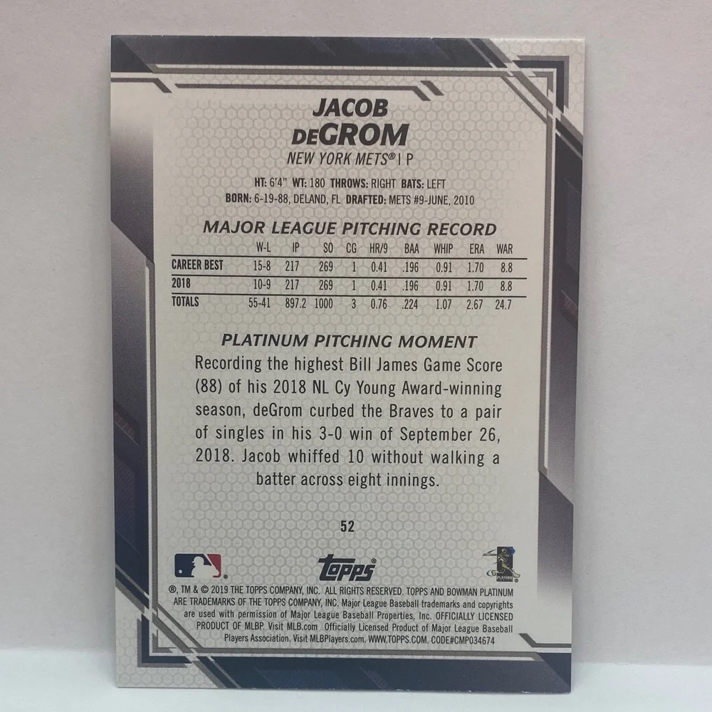 2019 Bowman Patinum Jacob deGrom Mets #52 (070)